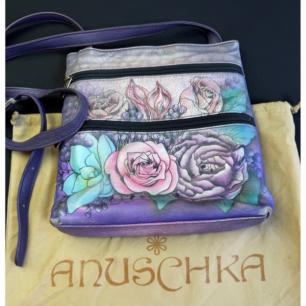 Anuschka Hand Painted Leather Crossbody Bag Purple Floral Succulent Triple Zip